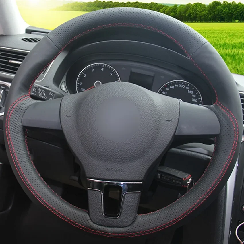 Hand-Stitch Non-slip Genuine Leather Steering Wheel Cover for Volkswagen VW Tiguan Lavida Passat B7 Interior Accessories