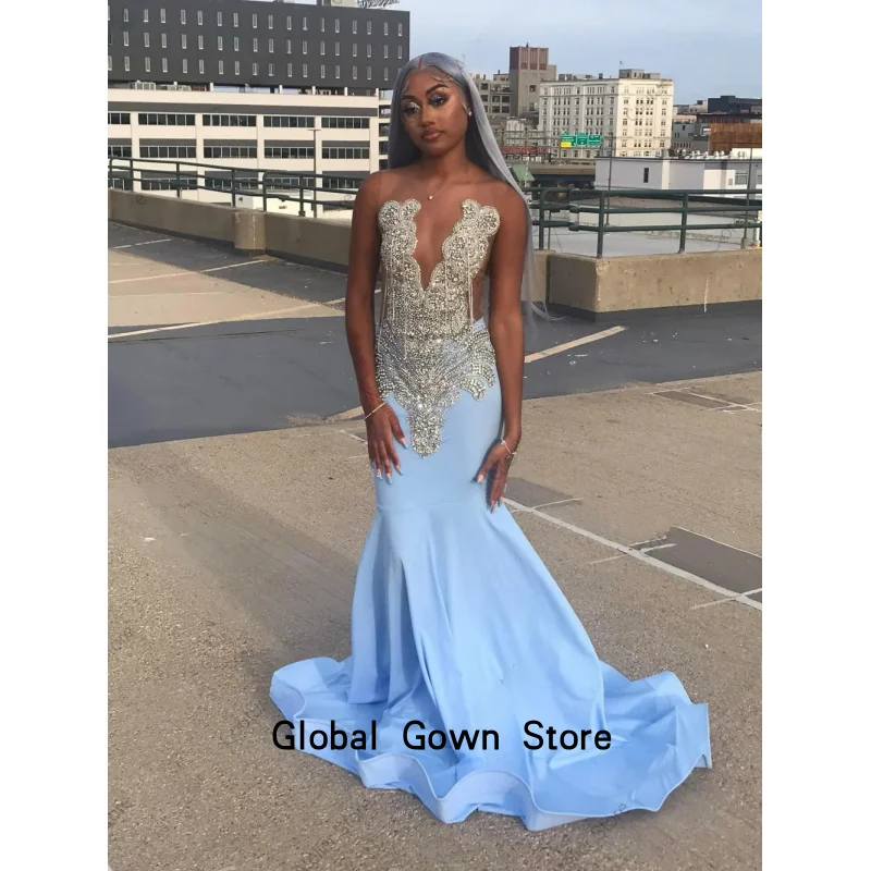 Ebullient bebê azul cristal strass sereia vestidos de baile 2026 preto meninas vestido festa noite luxo celebridade personalizado