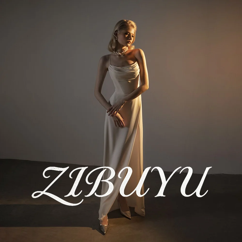 

ZIBUYU Customized Luxury Satin Wedding Dress Spaghetti Strap Cowl Neck Ruched Waist Open Back High Side Slit Mermaid Bridal Gown