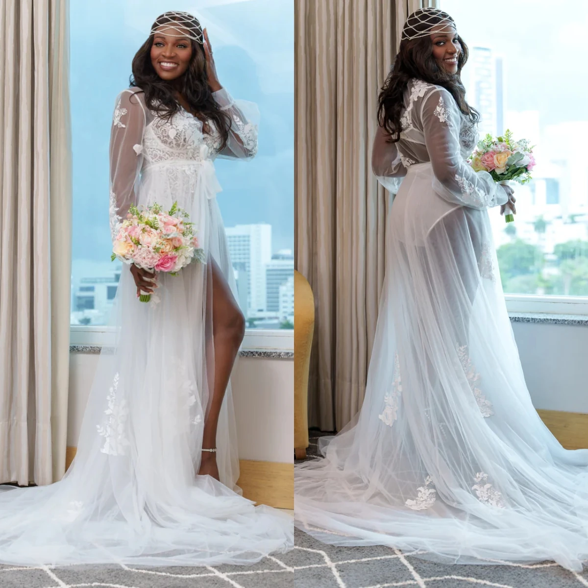 Cswdocy Chic Lace Bride Wedding Robe And Nightgown Boho Tulle Bridal Gowns Photo shoot Maternity Dressing Gown for Photography