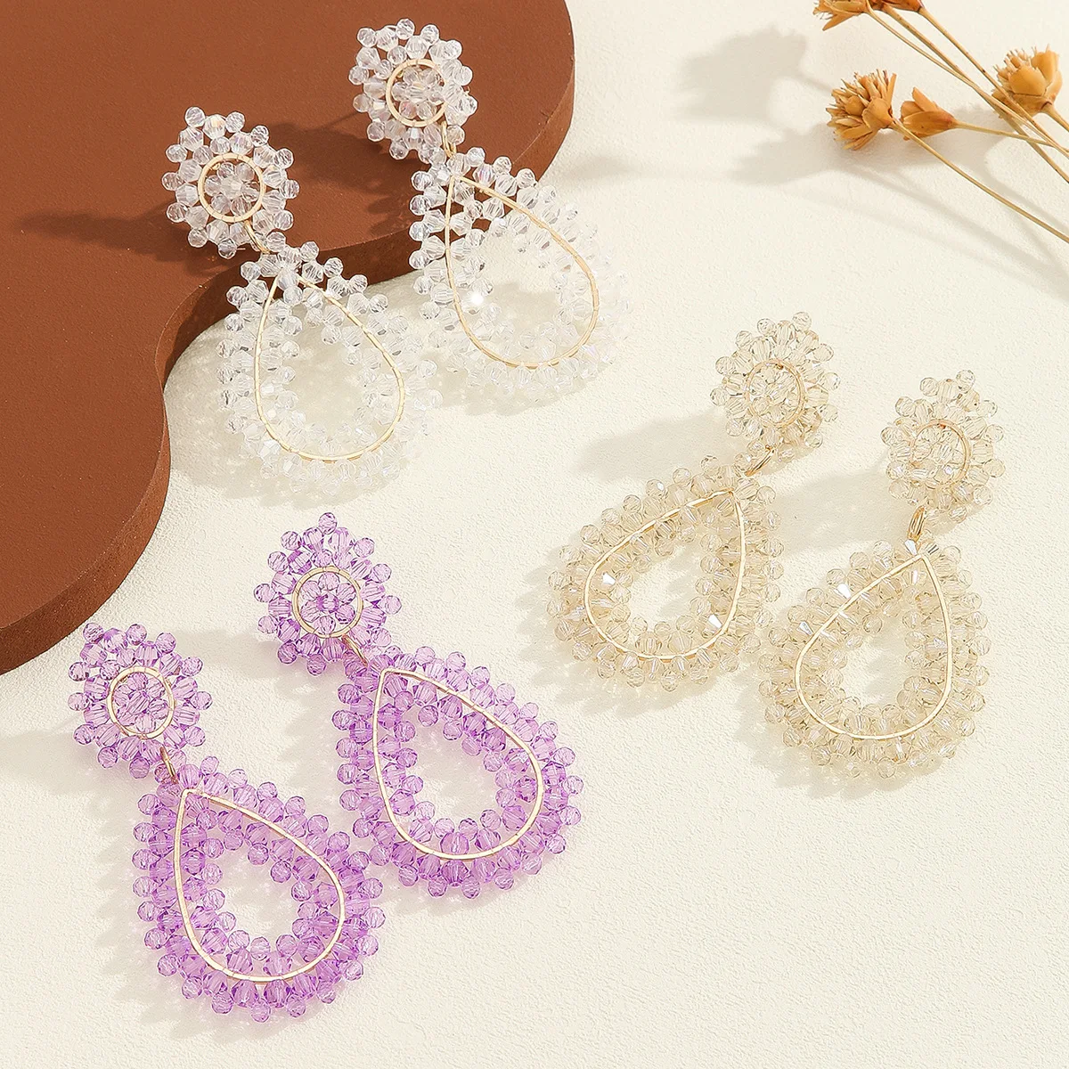 Bohemia Rice bead earrings Water drop Purple + white Crystal Hand-woven Alloy A sense of sophistication Retro Beaded earrings