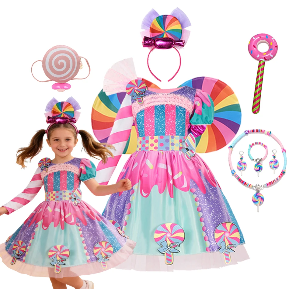 

2026 Girls Candy Princess Dress Costume Kids Birthday Party Cosplay Costume New Year Unicorn Tutu Dress Carnival Purim Clothes