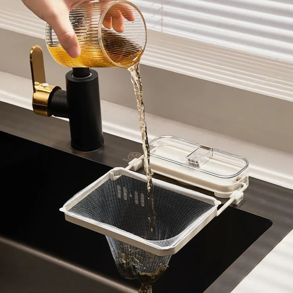 Kitchen Sink Filter Rack with 50pcs Net Filter Bag Foldable Multi-Purpose Drainage Basket Leftovers Soup Food Drainer Shelf