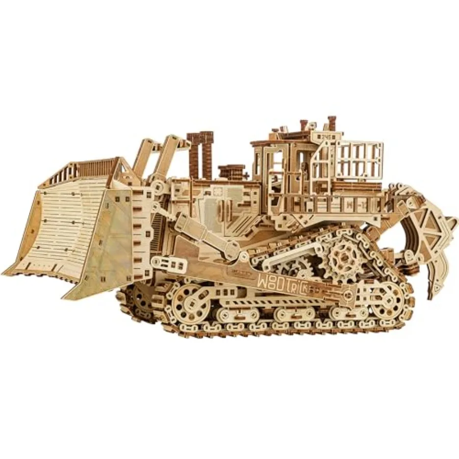 Bulldozer Terrain Titan - Conduce sobre terrenos de hasta 10 pies - 19x11″ - Cuchilla Móvil y Gancho Trasero - Rompecabezas 3D de Madera para Adultos - Engi