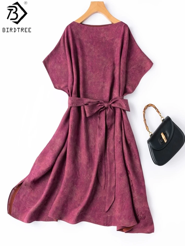 

Birdtree, 100% Silk Jacquard Tshirt, Batwing Sleeve Slash Neck Tops, Women Full-hole Leno Xiangyunsha Shirt, 2026 New T65908JF