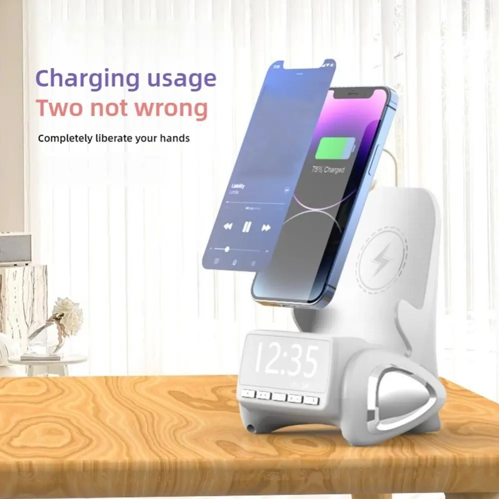 4 in 1 Wireless Phone Charger with Bluetooth Speaker Wireless Charging Desktop Phone Stand with Clock Phone Holder Gift