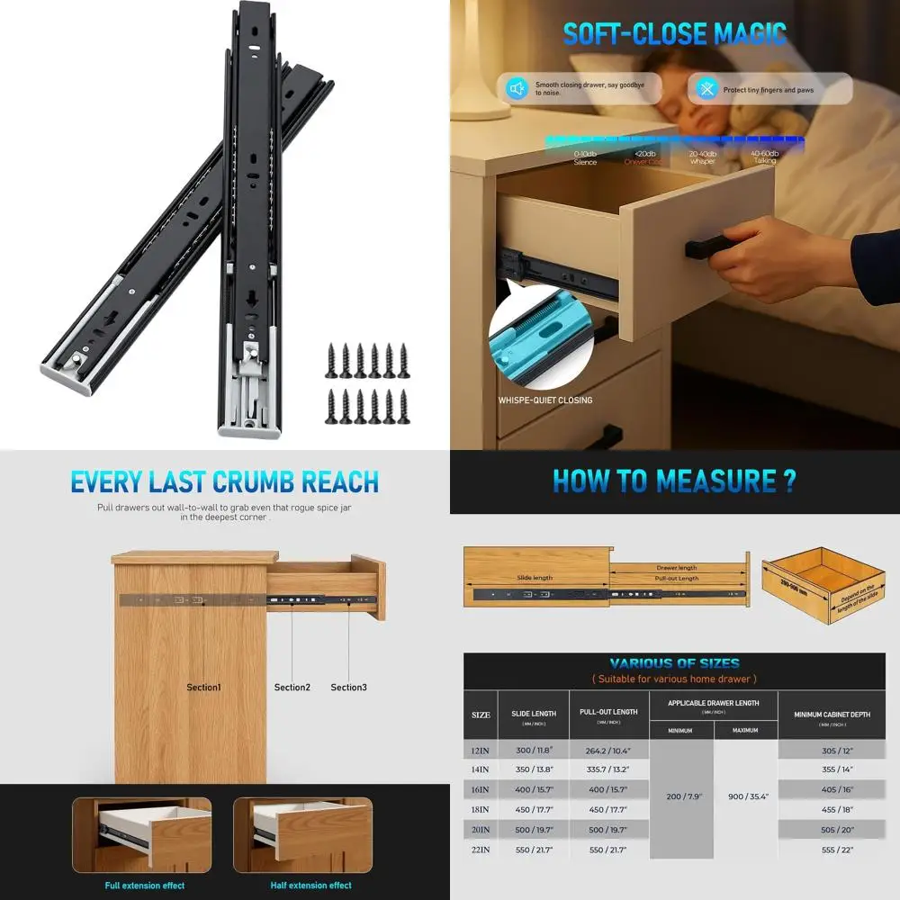 

12-дюймовые усиленные выдвижные направляющие с шарикоподшипниками, боковое крепление для шкафов (10 пар, черные)