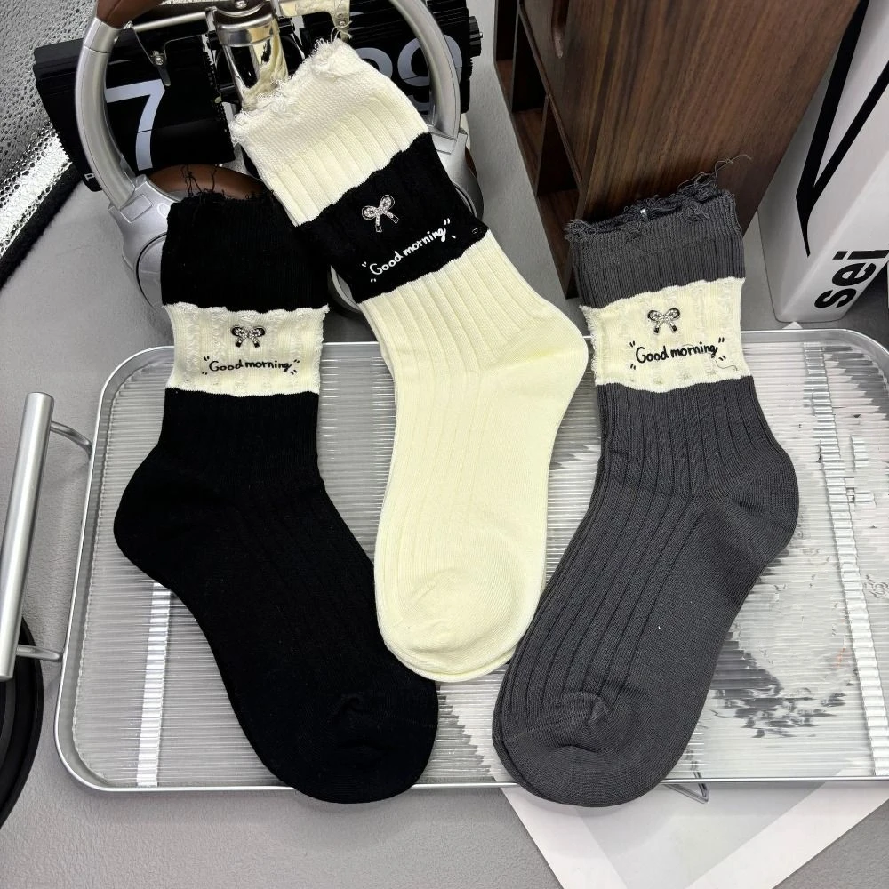 Unique Black White Women's Cotton Socks Patchwork Bow Ruffle Hollow Sock Mid-calf Letter Ripped Tube Socks Autumn