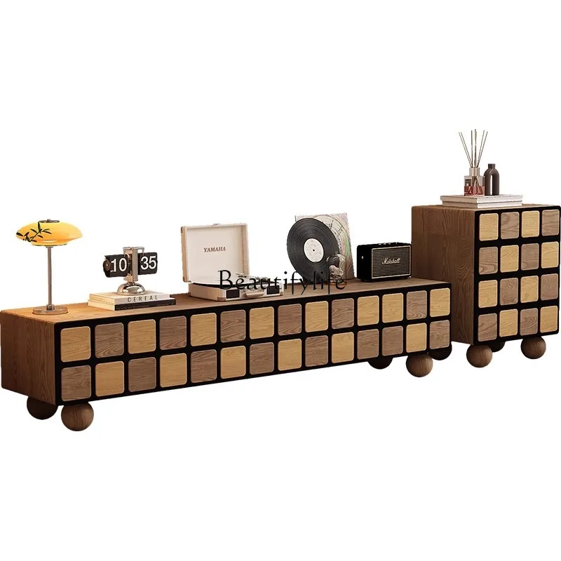 

**Modern simple TV cabinet walnut small apartment living room storage log wind color matching solid wood side cabinet
