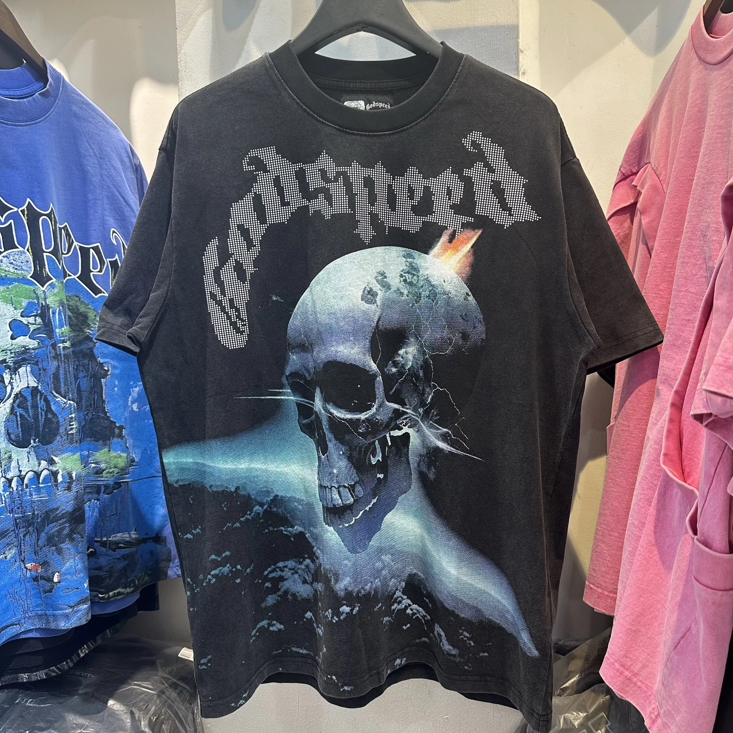 

Godspeed, американская уличная одежда, винтажная мужская футболка с принтом черепа, ор Све, креативный повседневный летний топ с забавным принтом в стиле ретро