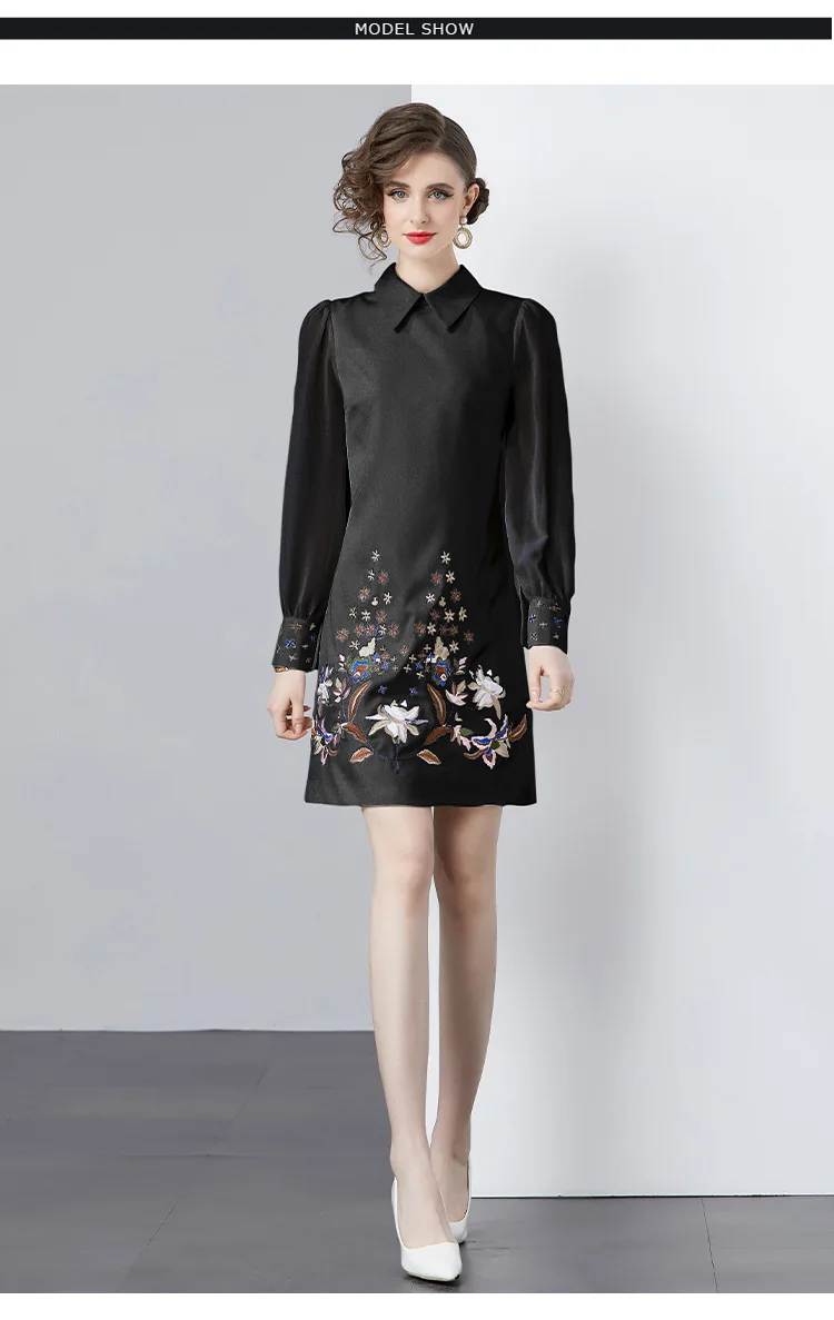 ใหม่แฟชั่นผู้หญิงฤดูใบไม้ผลิฤดูร้อนเย็บปักถักร้อยดอกไม้แขนยาวชุด Office Lady Elegant Turndown COLLAR Dresses