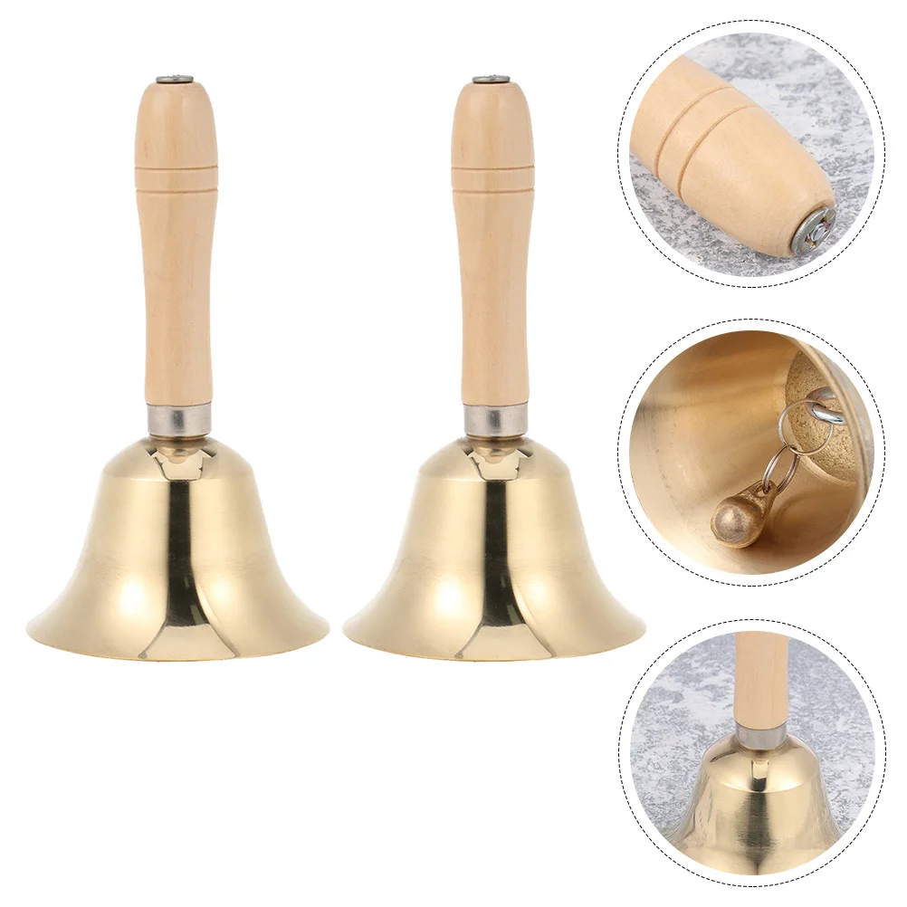 2 Pcs Wooden Handle Rattle Bell Decor Christmas Classroom Copper Party Handbell Child