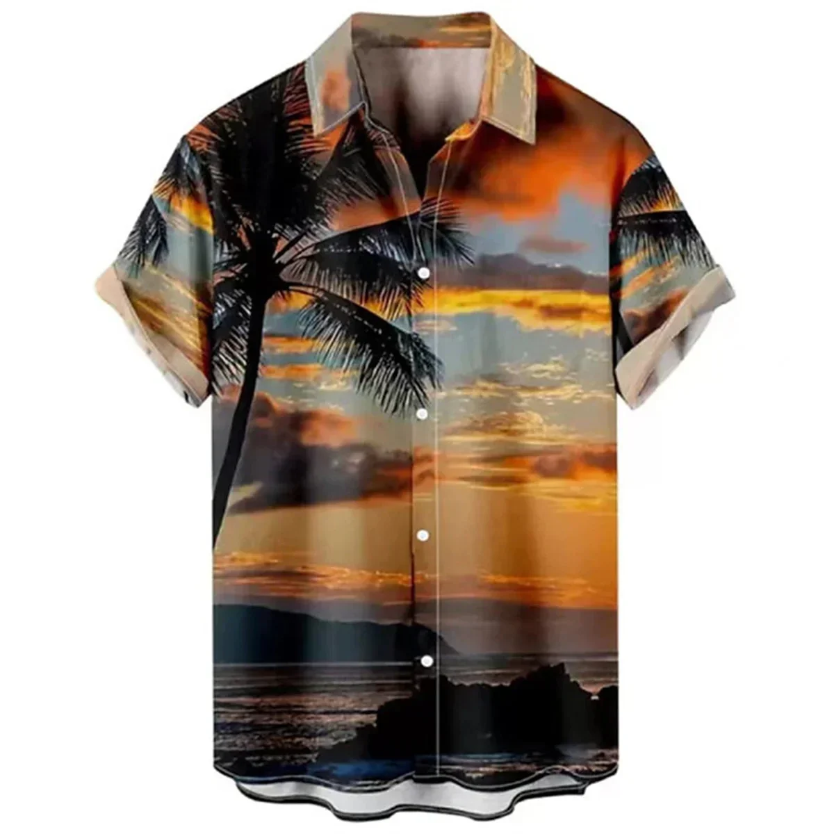 Summer men\'s coconut tree print collar shirt Hawaii casual vacation men\'s short sleeved button pocket high-quality shirt XS-5XL