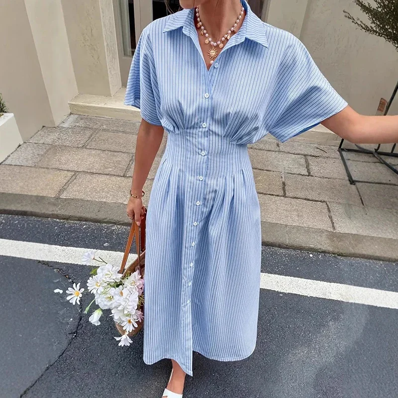 Summer Women Short Sleeve A Line Dress Striped Casual Shirt Dress for Holiday Beach Fashion Single-Breasted Slit Long Dress