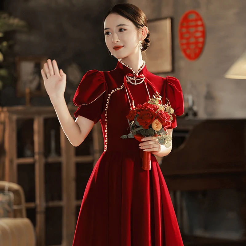 New Chinese Style Red Velvet Qipao Engagement Wedding Bridal Dress Traditional Mandarin Collar Cheongsam Oversize 3XL Vestidos
