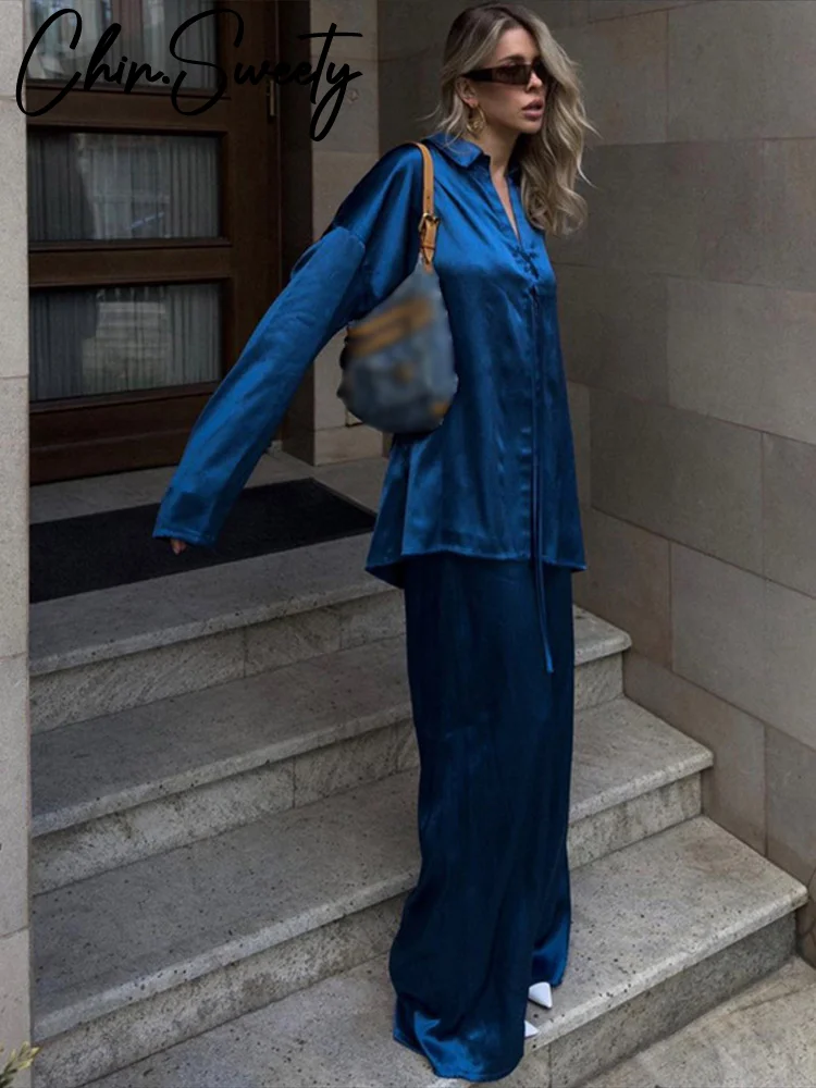 

Городская рубашка с пятнами, брюки, женский наряд, топ на шнуровке с длинными рукавами, расклешенные широкие брюки, весна-лето 2025 года, шикарный женский комплект