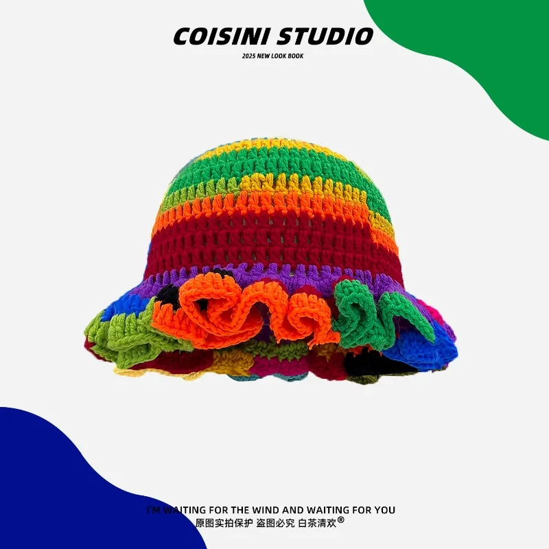 

Ins Fashion Rainbow Striped Ruffle Edge Knitted Bucket Hats Women Spring Autumn Travel Sweet Versatile Personality Basin Cap