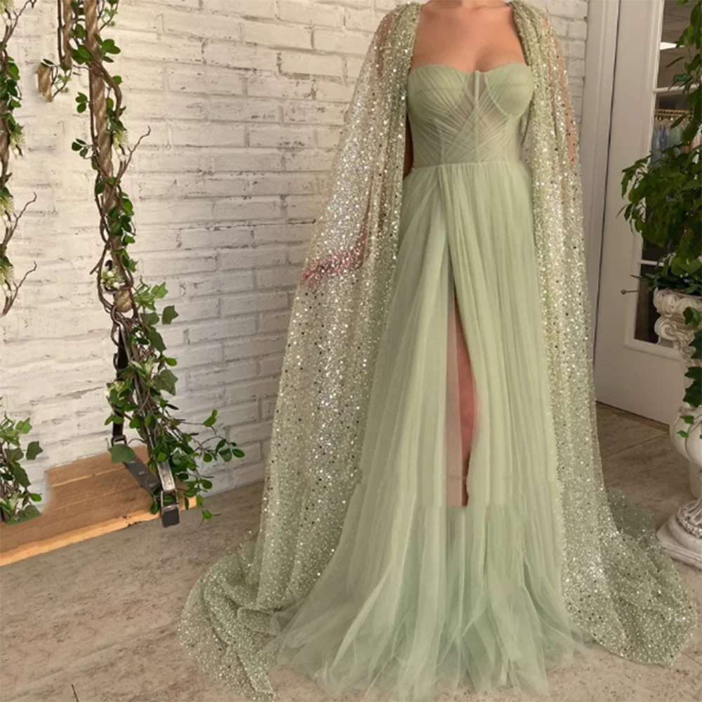 2024 New Arrival Light Green Shiny Women Prom Dress Sexy Side Split Floor Length Sequin Shawl Sleeveless Strapless فساتين سهرة