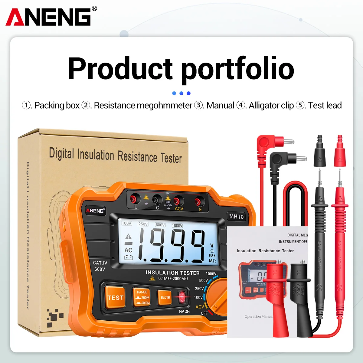 ANENG MH10 HD Misuratore di resistenza di isolamento digitale Ohmer Tester 1000V Megometro Megohmmetro Ohm Test Gamma automatica Misuratori di retroilluminazione