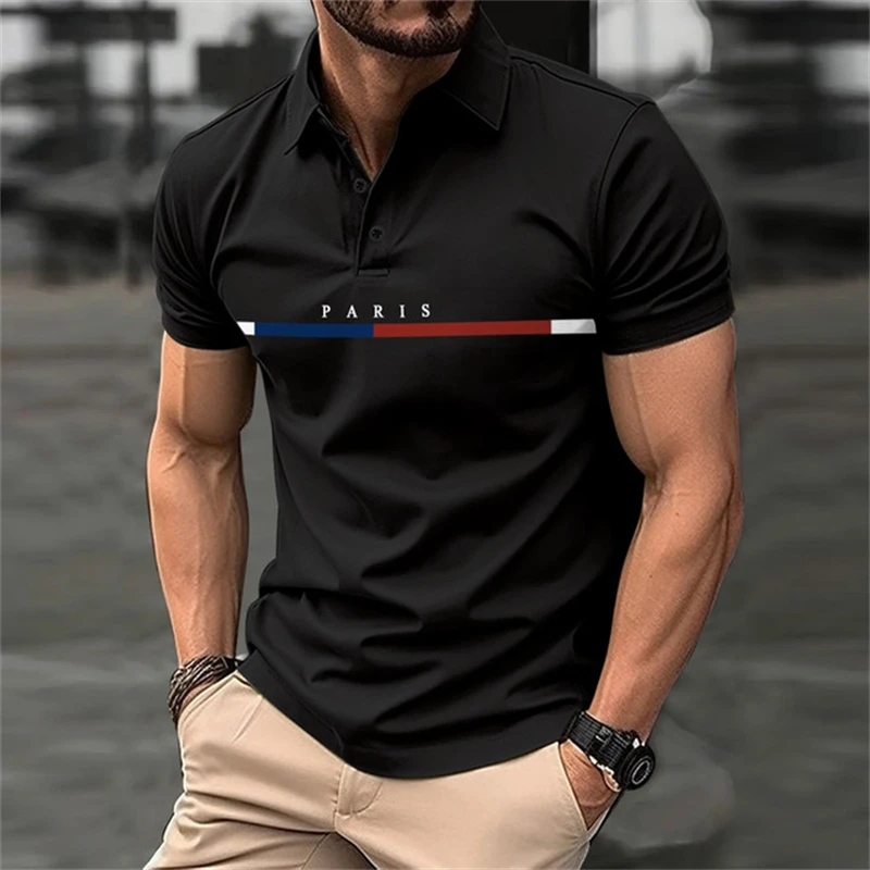 Fashion 3D Letter Stripe Print Polo T Shirt For Men Business Casual Lapel Short Sleeve Loose Tee Top Summer Breathable Golf Wear