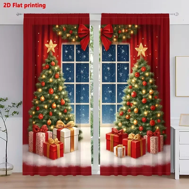 Christmas decoration-2Pcs-Christmas tree print curtains,suitable for bedroom,living room,home decoration,window decoration