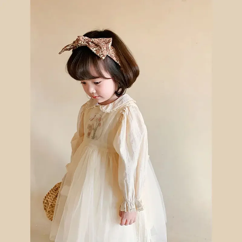 

Baby Kid Girl Spring Summer Cream Color Kids infant Dress Children Doll Collar Embroidered Yarn Dress Girls Clothes 1-9Y