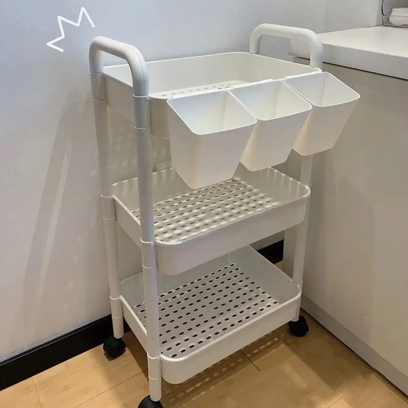 Plastic Small Cart Storage Rack with Wheels for Snacks Books Bathroom Bedroom Kitchen Storage Rack with Hooks