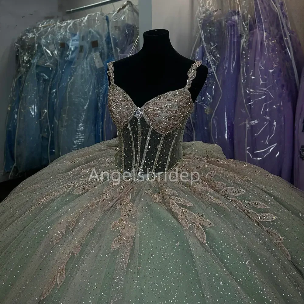 Angelsbridep Customized Sage Green Ball Gown Quinceanera Dresses Vestidos De 15 Quinceañera Beading Glitter Tulle Party Dress