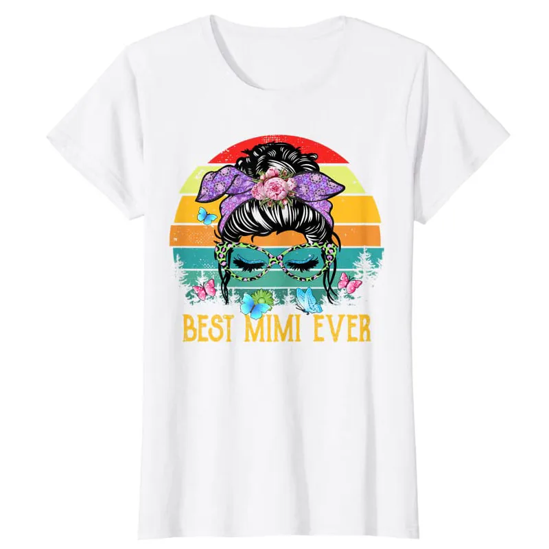 Women's Fashion Best MiMi Ever Happy Mothers Day Floral Leopard Messy Bun T-Shirt Mommy Mama Tees Gifts Wife Aesthetic Clothes