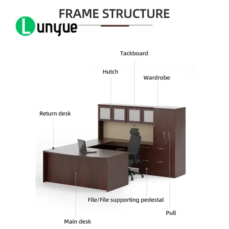 U Shaped Executive Desk Set with Drawers Back Wall Cabinet Bookcase Classic Wooden Office Furniture for Home Study
