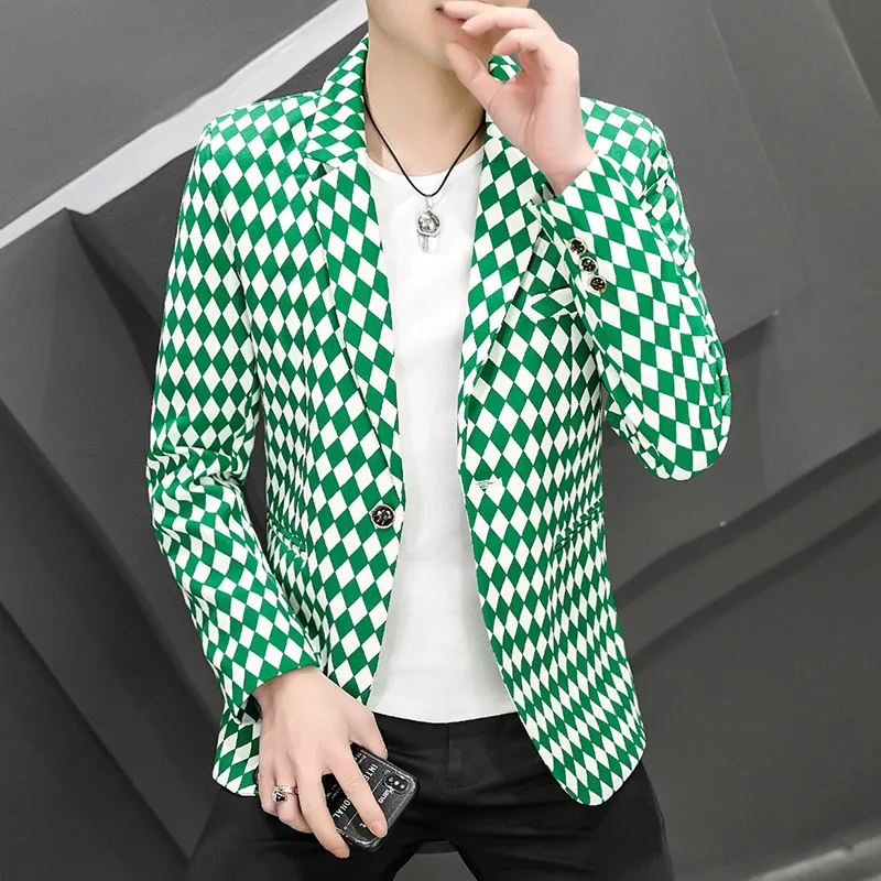 New 2024 Spring Autumn Casual Men's Slim Fit Plaid Suits & Blazers Coat Single Botton Small Suit Outwear Top Checker Thin Jacket