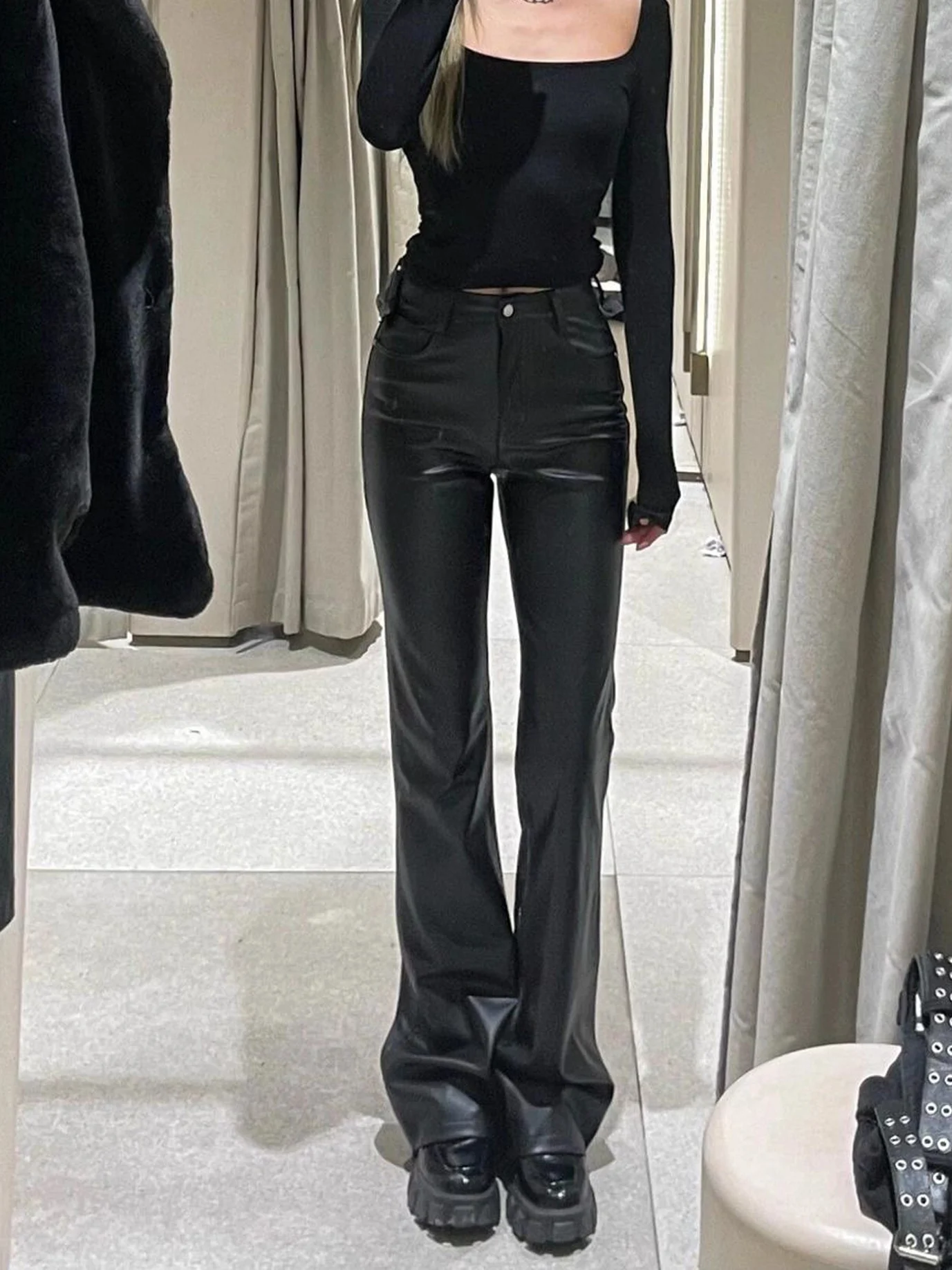Slimming High Waist PU Micro Flared Leather Pants Women's Fashionable Autumn Winter New Style Hot Girl Casual Pants