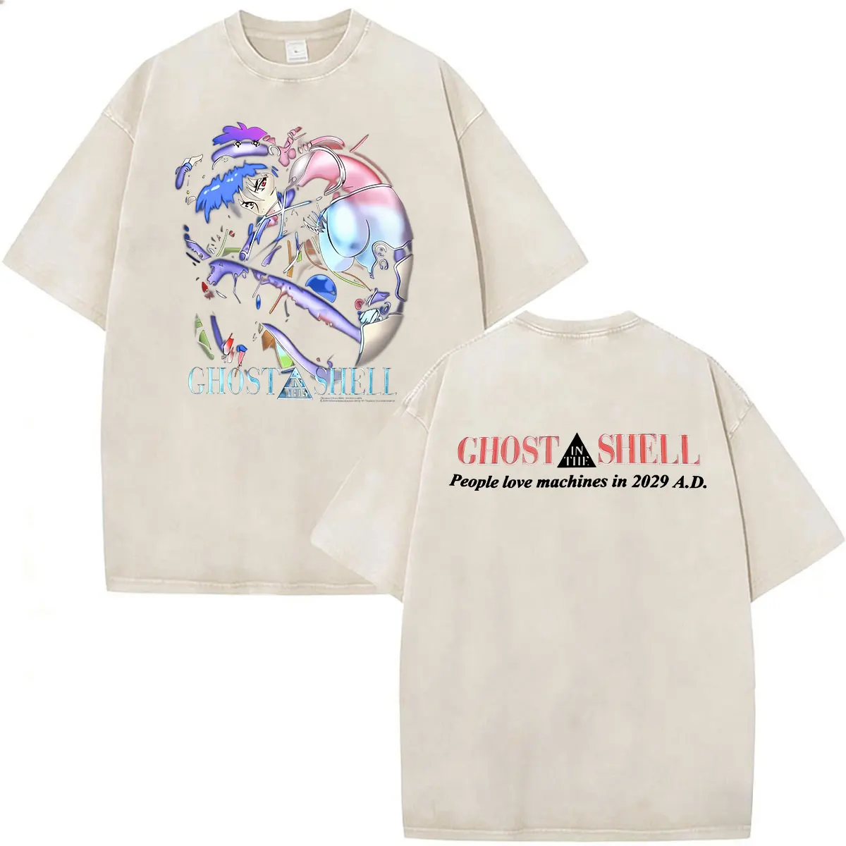 Anime Ghost in The Shell Motoko Kusanagi Vintage Washed T Shirts Men Women Clothing Fashion Punk Short Sleeve Oversized T-shirts - view 3