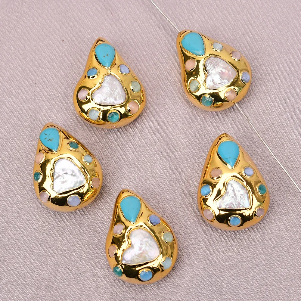 APDGG 5 Pcs Cultured White Heart Pearl Blue Stone Spacer Loose Beads Accessories Jewelry Findings DIY
