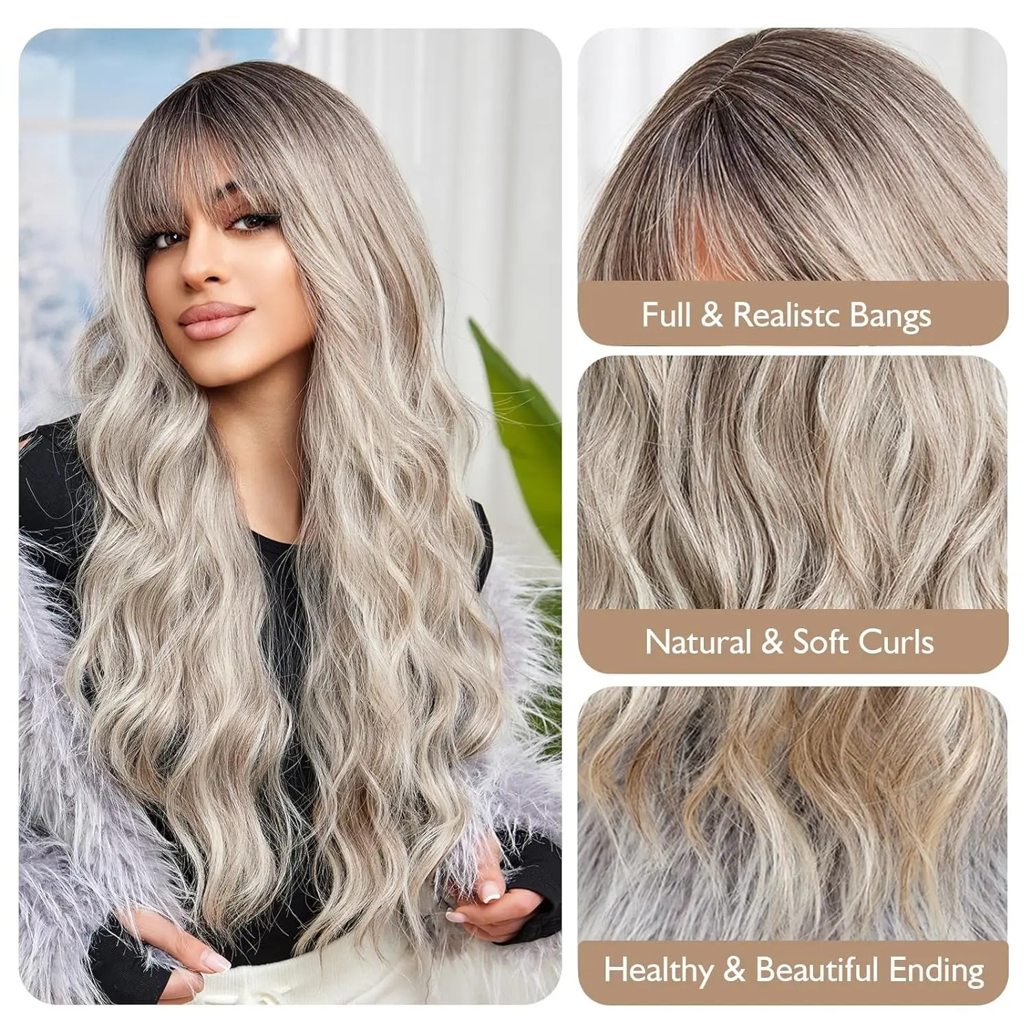 Long Wavy Curly Wigs for White Women Brown to Gray Ombre Synthetic Wigs With Bangs Heat Resistant Natural Hair for Daily Cosplay