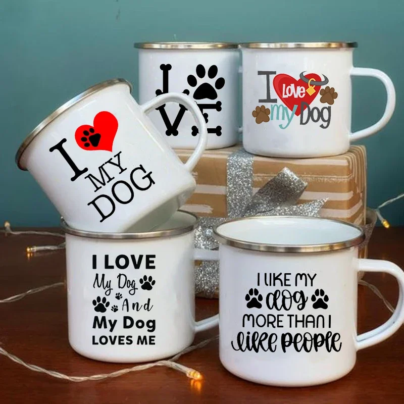 I Love My Dog Printed Enamel Mugs Creative Coffee Tea Cups Drinks Dessert Breakfast Milk Cup Vintage Mug Handle Drinkware Gifts