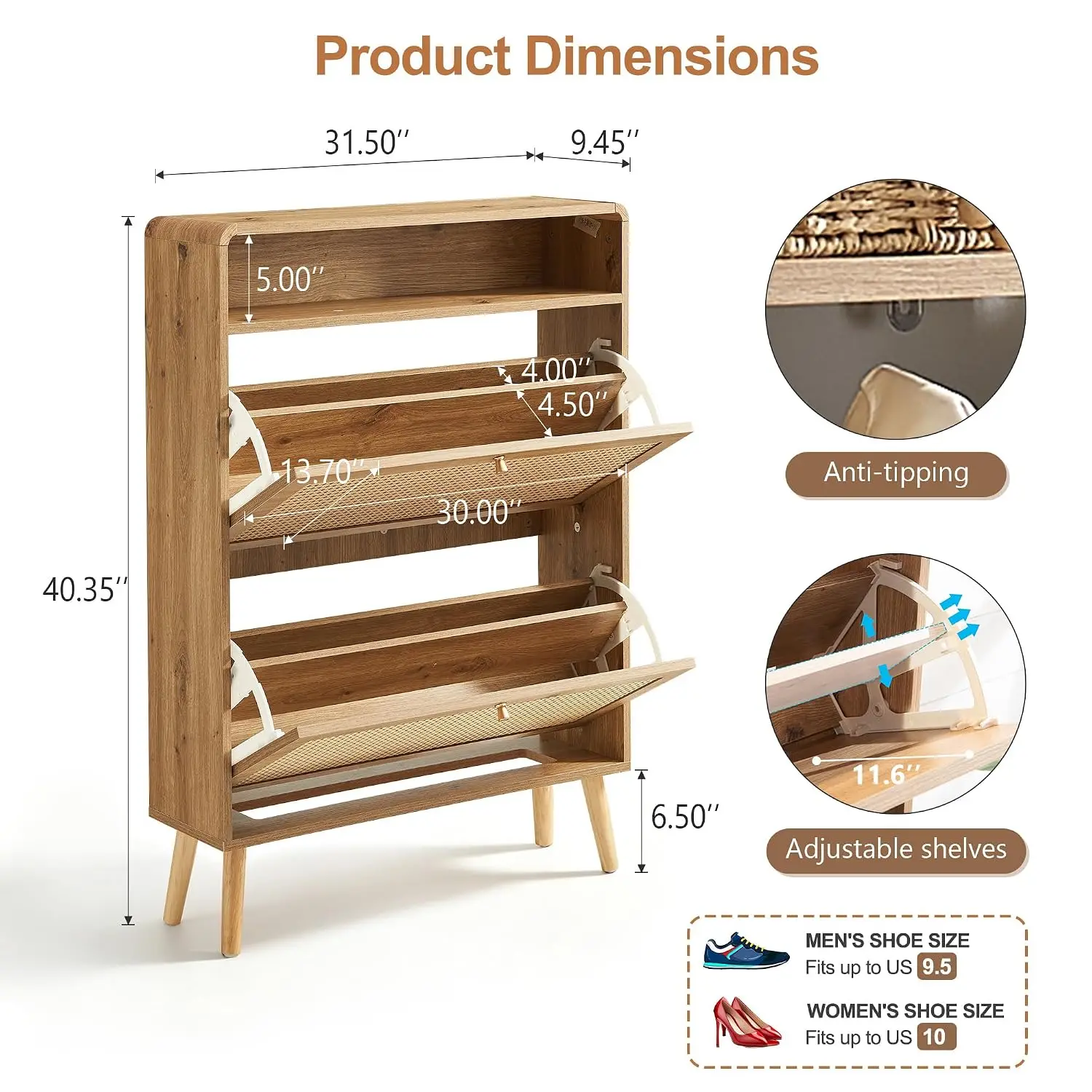 Rattan Shoe Cabinet 2 Flip Drawers 16 Pairs Narrow Entryway Freestanding Hidden Slim Wood Organizer Hallway Natural, Customized