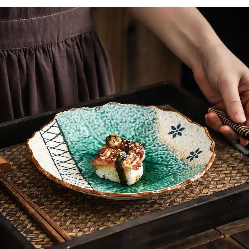 

9-дюймовая керамическая тарелка, ручной цвет, каменный узор, многоугольный диск, кухонный обеденный набор, тарелки и посуда, японская еда, суши