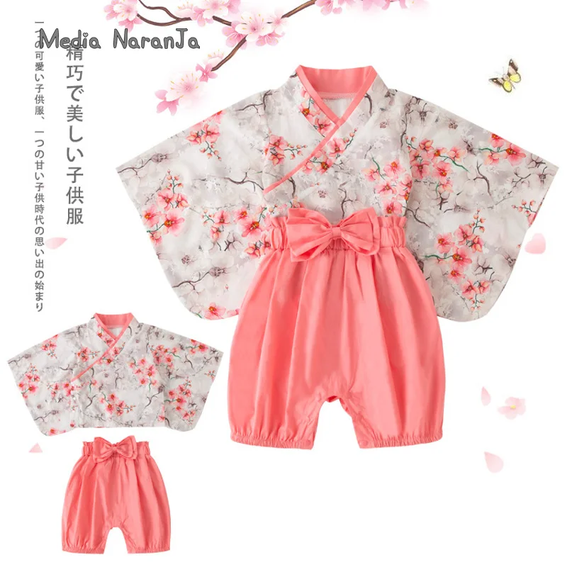 Japanese children girl long sleeved plum blossom kimono set holiday performance suit