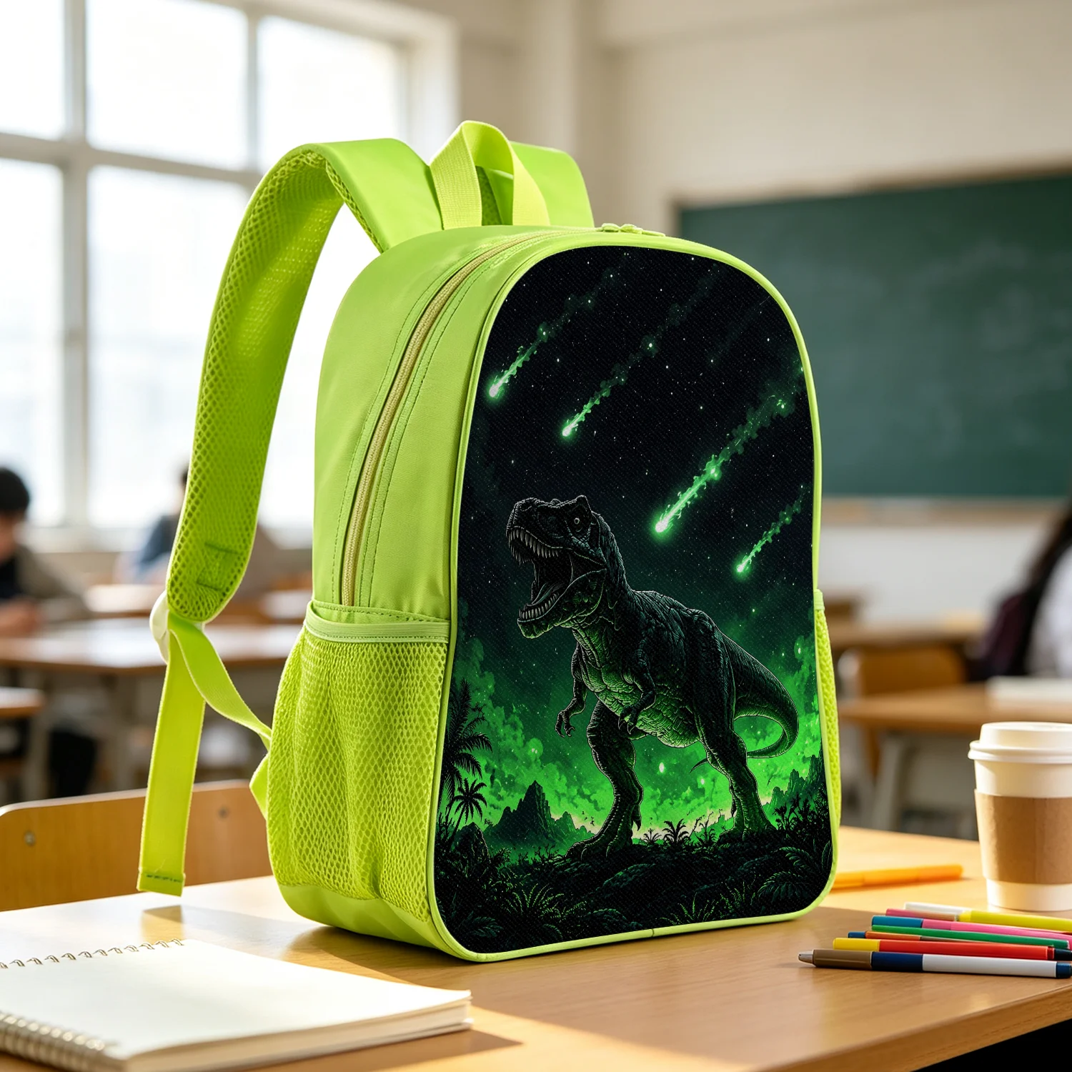 Cool Green Dinosaur T-Rex Backpack Lightweight School Bookbag with Meteor Jungle Star Print Adjustable Padded Straps