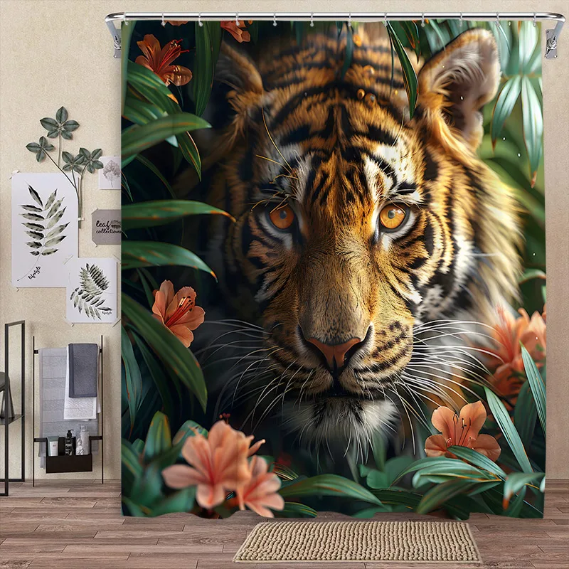 Tiger Shower Curtain, Wildlife Tropical Jungle Floral Leaf Print Home Polyester Fabric Bathroom Decorative Curtain with Hooks