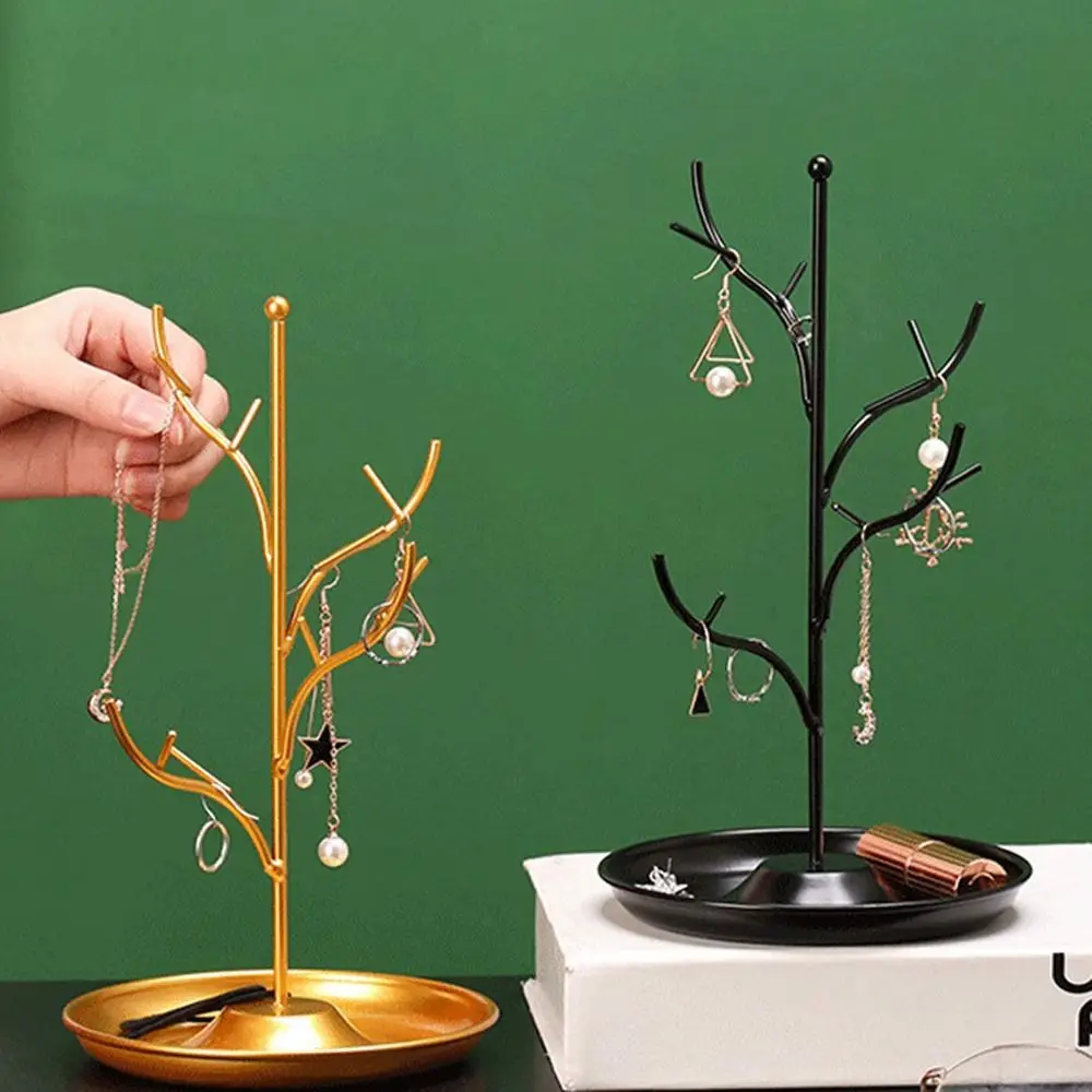 

New Metal Jewelry Display Stand Tree with Tray Earring Organizer Holder Decoration Bracelet Rings Storage Rack Desktop