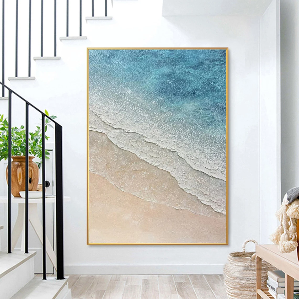 Blue Ocean Wall Art Large Textured Whie Wave Painting Acrylic Abstract Coastal Landscape Painting Beach Canvas Art Wall Decor