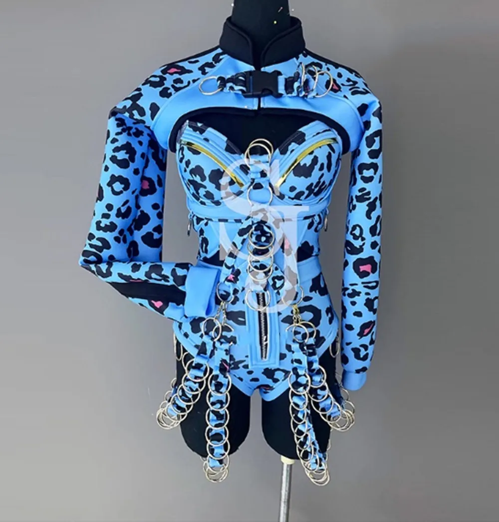 쇼걸 의상 2024 유럽 및 미국 외국 무역 신상 나이트클럽 바 고고 패션 세트 블루 여성 섹시 공연복