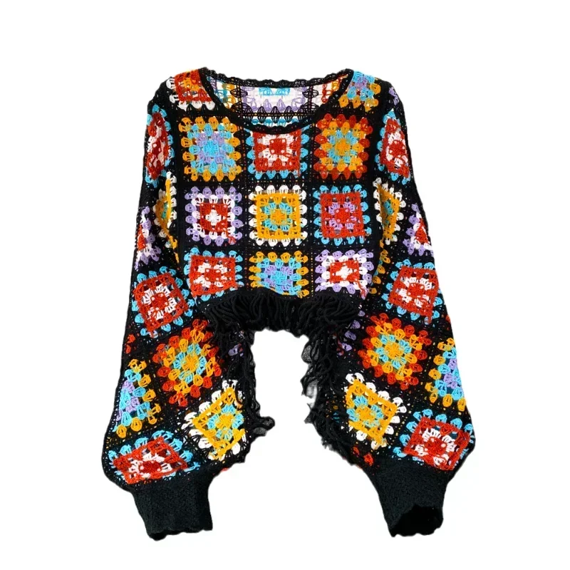 المرأة س الرقبة الجوف خارج محبوك سترة ، اللون حجب البلوزات ، فانوس كم ، شرابة البلوز ، شيك ، دروبشيب