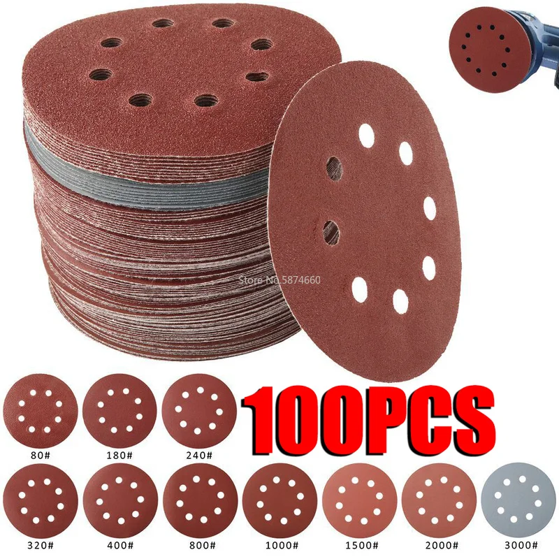 

100/50pcs 125mm Sandpaper Round Shape Sanding Discs Hook Loop Sanding Paper Buffing Sheet Sandpaper 8 Hole Sander Polishing Pad