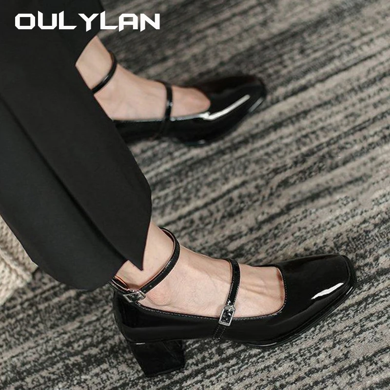 NEW 2024 Women's Thick Heel Shoes High Quality Leather Shoes for Women Square Toe Shallow Buckle Strap Women's Shoes