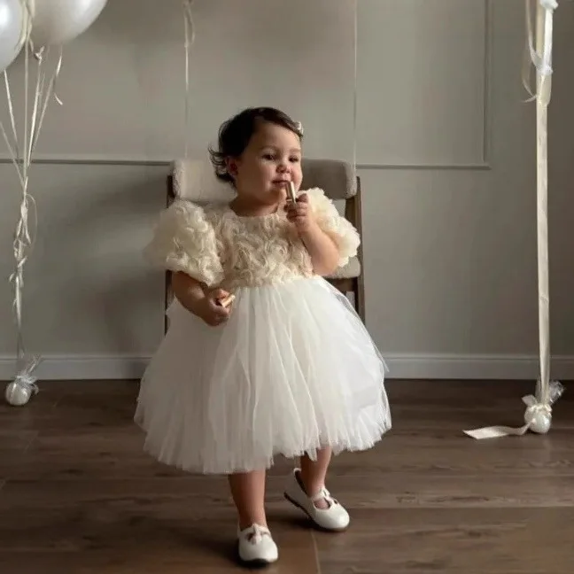 Customized Flower Girls Dresses Vintage Ivory Satin Pearls Top With Bow For Wedding Birthday Party Princess Baptism Gowns