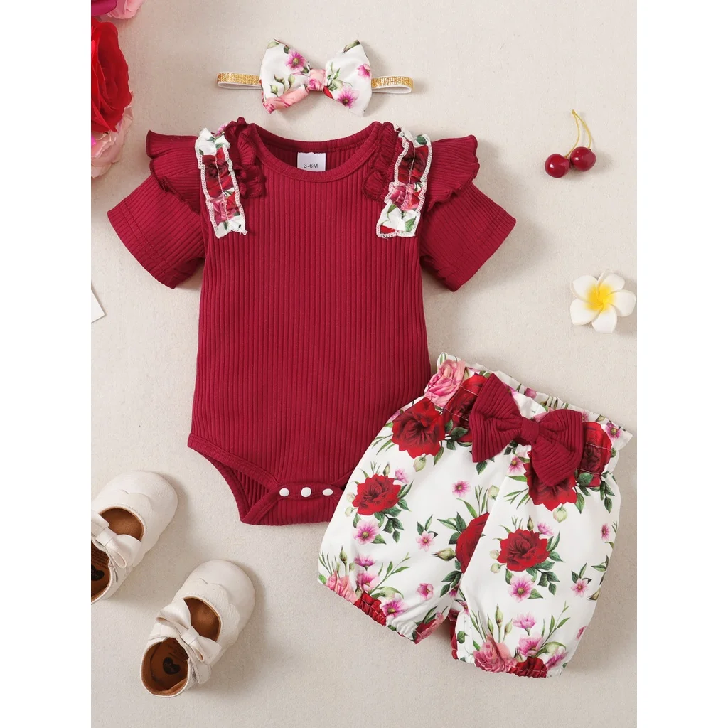 Newborn Baby Girl Clothing Set Short Sleeve Romper+Flower Shorts+Bow 3PCS Summer Birthday Outfits for Toddler Girl 1-18 Months