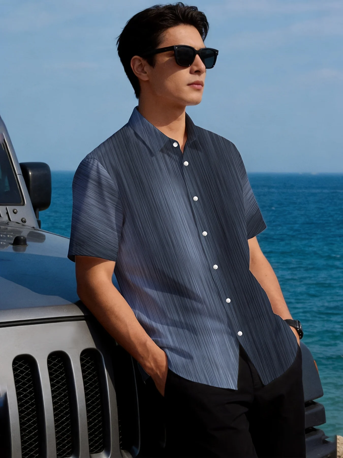 Men Dark Blue Vertical Stripe Gradient Texture Light Business Beach Shirt